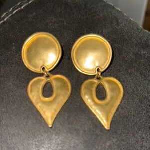 Vintage Matte Gold Heart-shaped Drop Statement Earrings Costume Jewelry 80s 90s